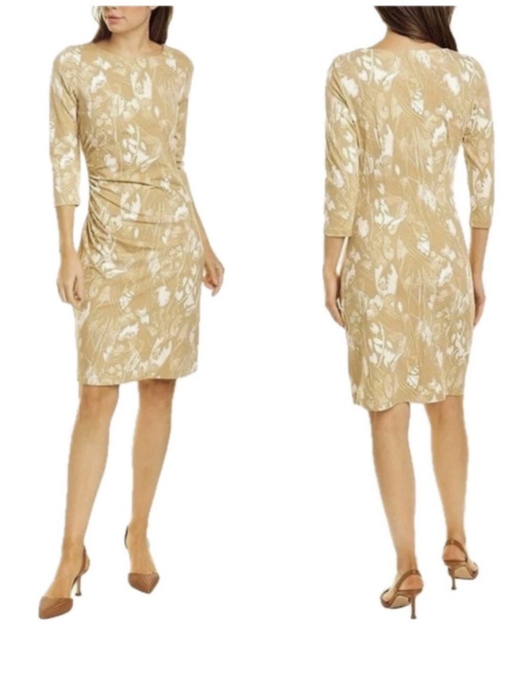 J McLaughlin tan leaf print shift knee length dress - Picture 2 of 9